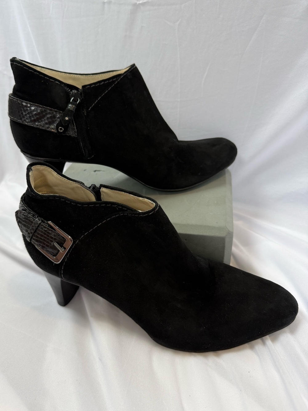 Cole Haan Black Suede Ankle Booties with Snakeskin Buckle